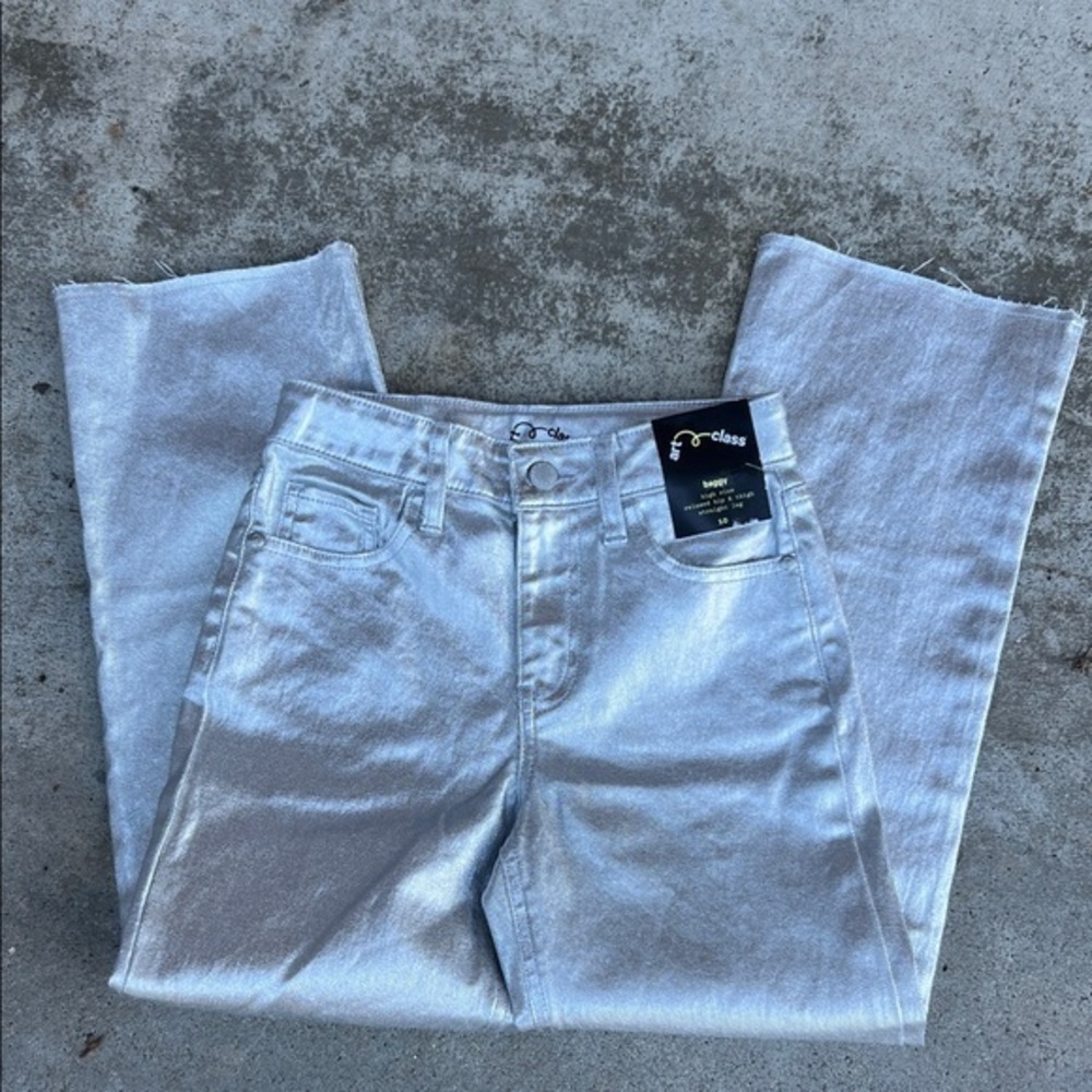 Art Class Girls Baggy High Rise Shiny Silver Straight Leg Jeans::NWT:;